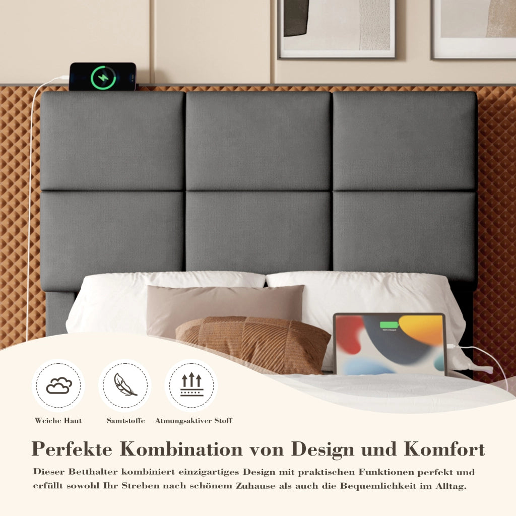 Letto contenitore 90 × 200 cm singolo con LED regolabile, USB e testiera regolabile, senza materasso, velluto grigio