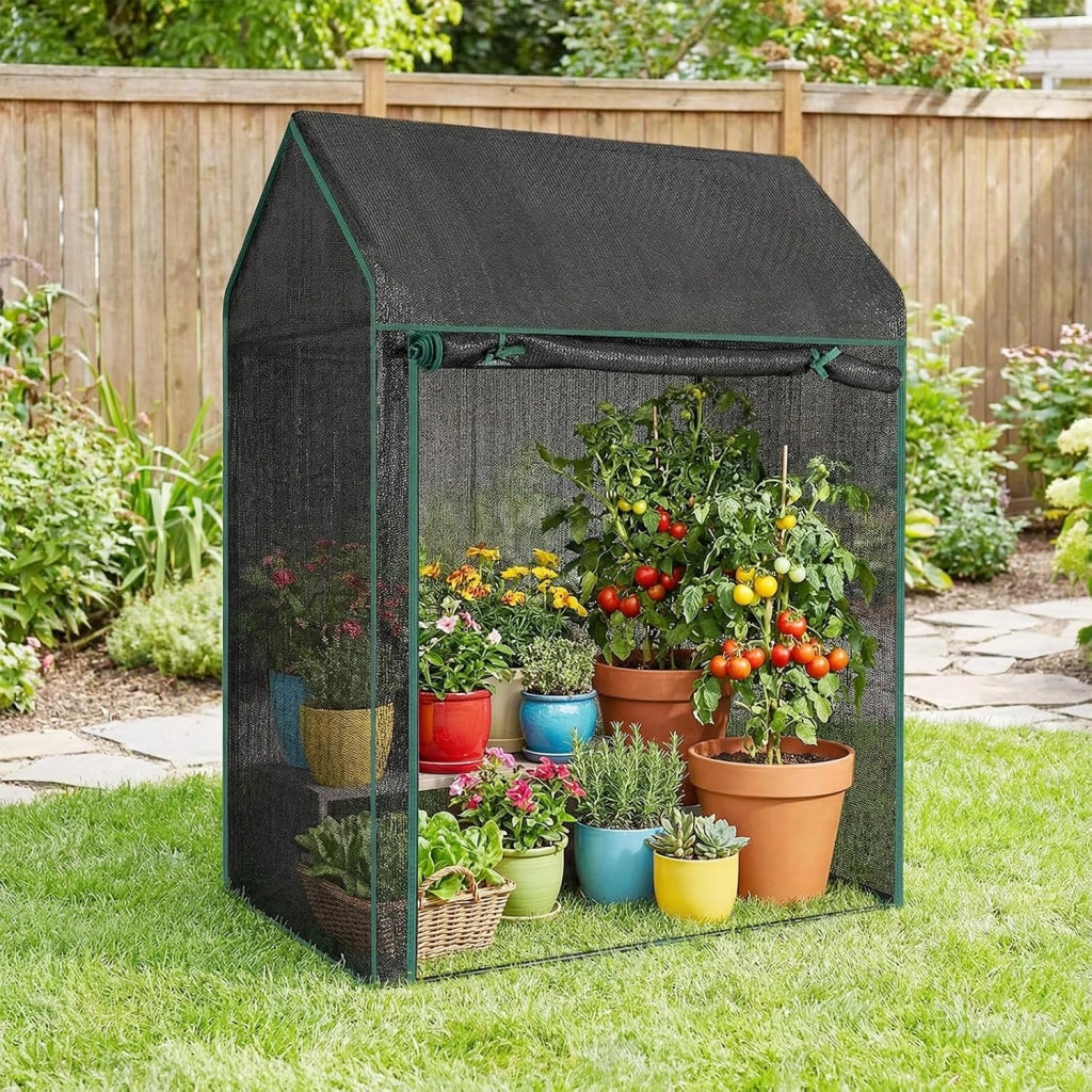 Mini Serra da Esterno ed Interno 129 x 80 x 173 cm, Serra per Pomodori con Copertura Trasparente in PVC, Rete per Ombreggiatura, Porta e Finestre, Ideale per Giardino, Cortile e Terrazzo
