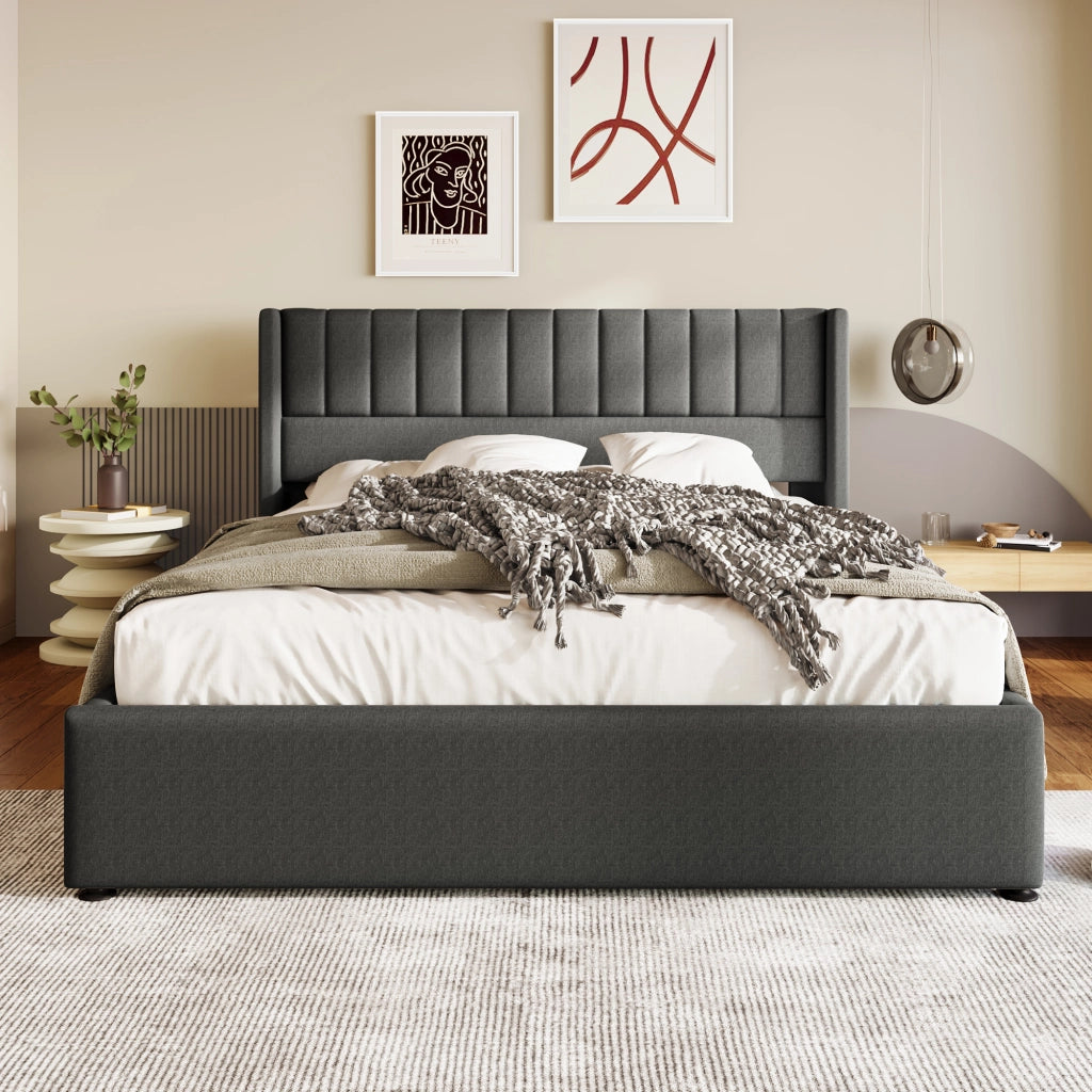 Letto matrimoniale con contenitore 160 × 200 cm idraulico con rete a doghe e testiera imbottita in lino grigio
