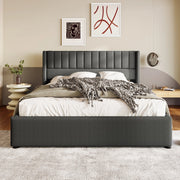 Letto matrimoniale con contenitore 160 × 200 cm idraulico con rete a doghe e testiera imbottita in lino grigio
