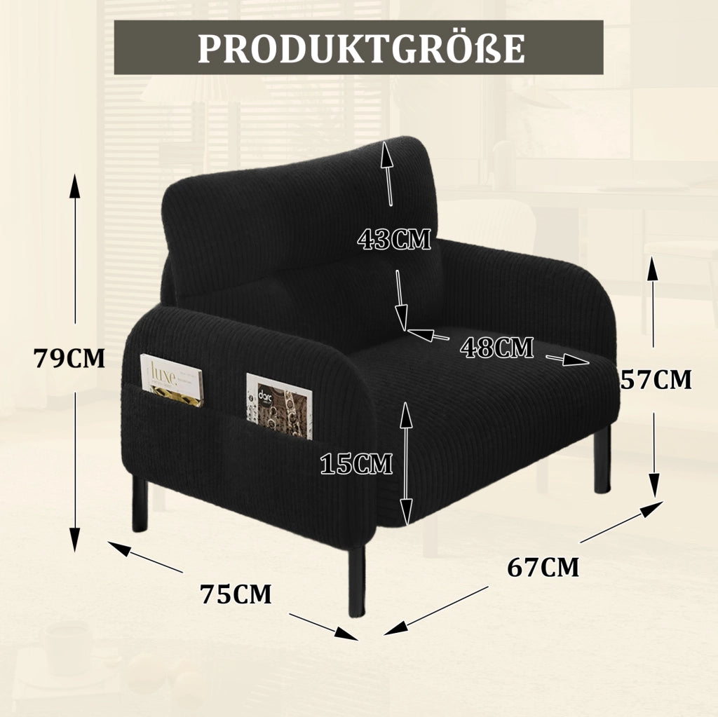 Poltrona singola in velluto di cotone con struttura in metallo, tasche laterali, 67x75x79 cm, adatta per soggiorno e ufficio