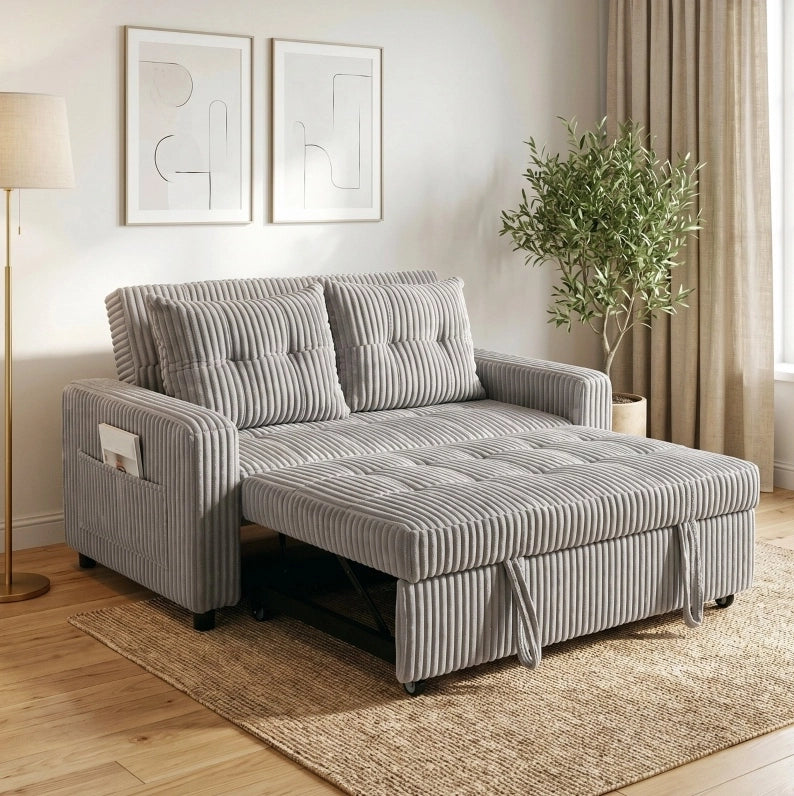 Divano letto 2 posti 3 in 1 in velluto a coste grigio chiaro