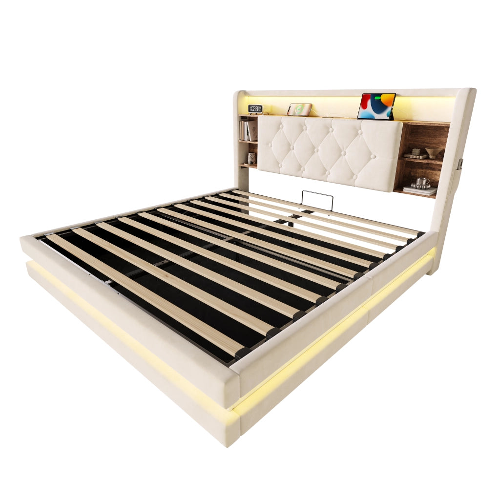 Letto Contenitore 140x200 cm Matrimoniale; LED; USB; Type-C e Ripiani in Velluto Beige