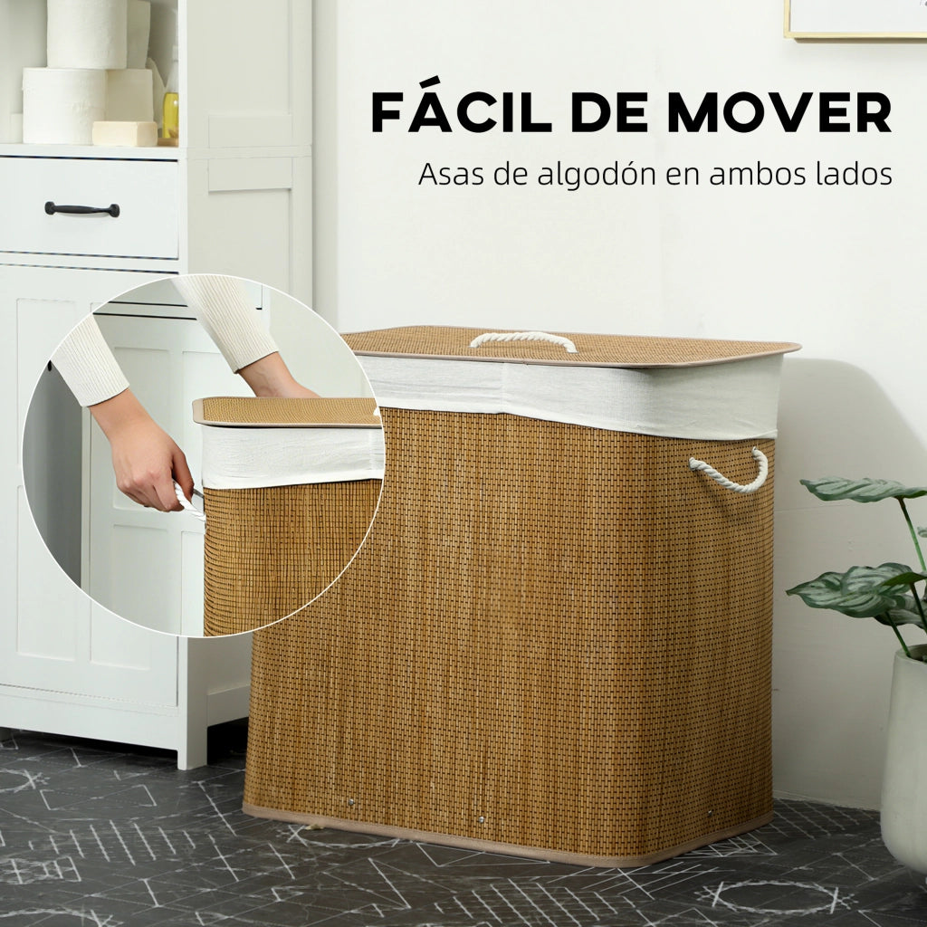Cestino Lavanderia 144L Bamb¨´ con 3 Scomparti e Maniglia ¨C Minimal ¨C 60x40x60 cm Marrone