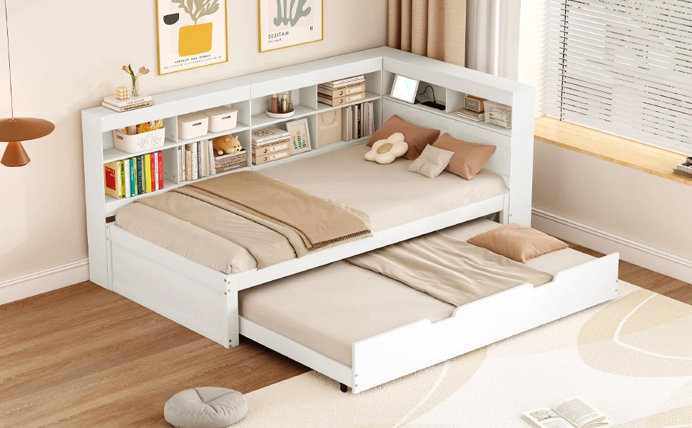 Letto singolo estraibile con presa USB e vani portaoggetti in legno bianco multifunzionale
