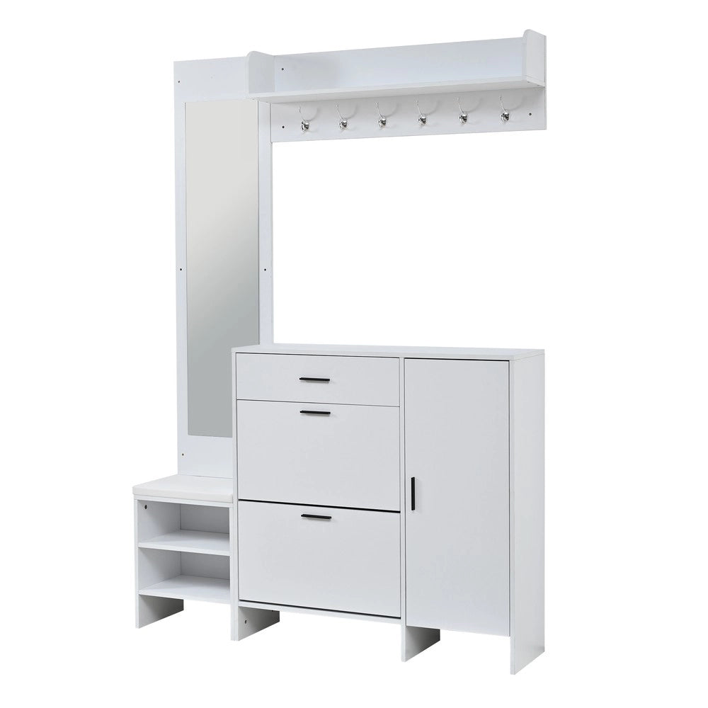 Set ingresso consolle appendiabiti specchio scarpiera panca ¨C Minimal ¨C Bianco legno multistrato 140x30x200cm