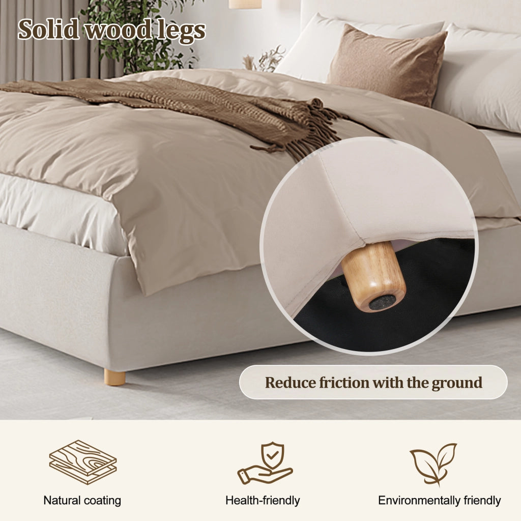 Letto matrimoniale contenitore 180 × 200 cm in velluto color crema con testiera rete a doghe e gambe in legno