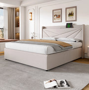 Letto matrimoniale contenitore 160x200 cm in cotone e lino beige con USB e Tipo C