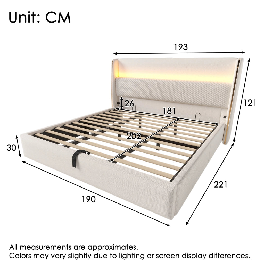Letto contenitore idraulico 180x200 cm con testiera alta; LED; USB/Type-C; materasso; beige