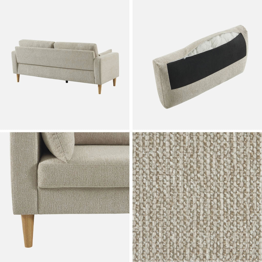 Divano in legno di hevea e ciniglia, 3 posti, beige