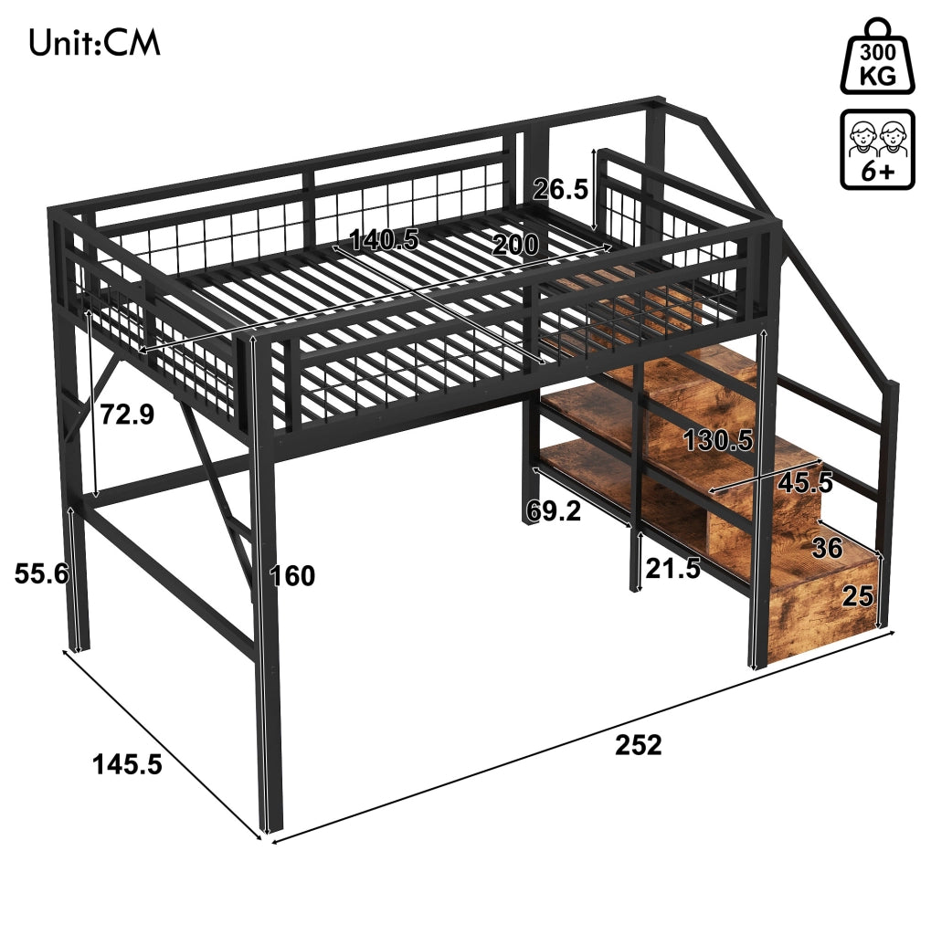 Letto a soppalco 140x200 cm con LED e scale contenitore in metallo nero