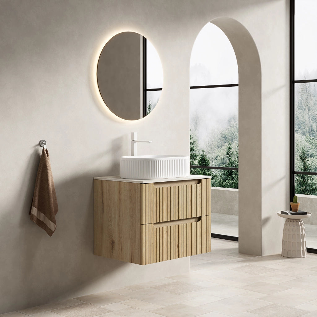 Mobile bagno con lavabo ovale in ceramica piano in pietra sinterizzata e 2 cassetti soft close colore rovere bianco
