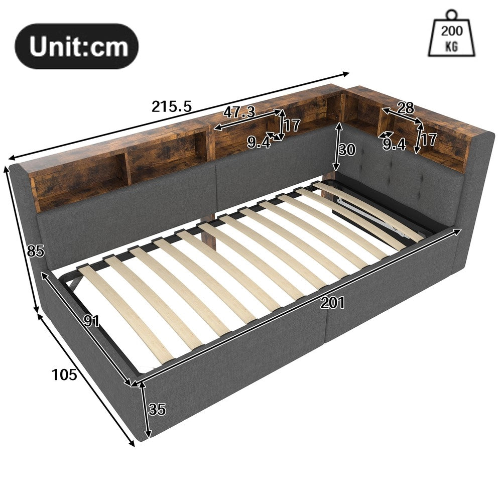 Letto Singolo Contenitore con LED ¨C MINIMAL ¨C Tessuto Grigio 90x200 Idraulico