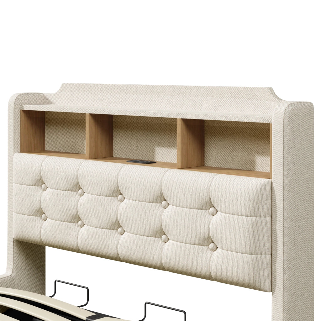 Letto matrimoniale 140 × 200 cm 2 posti con contenitore idraulico; LED; USB e porta tipo C; senza materasso; beige