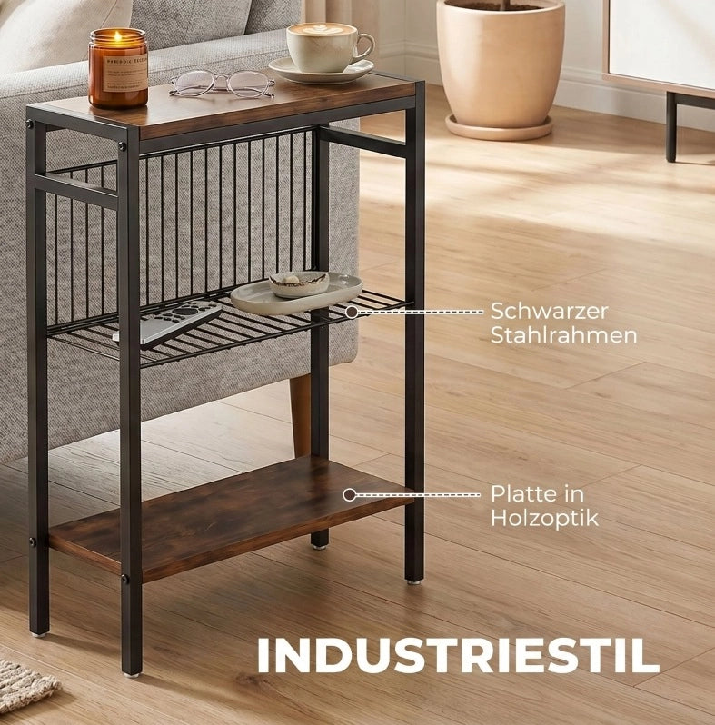 Tavolino Laterale con 3 Ripiani in Truciolato e Struttura in Metallo, Marrone Rustico, 43x18x62,5 cm