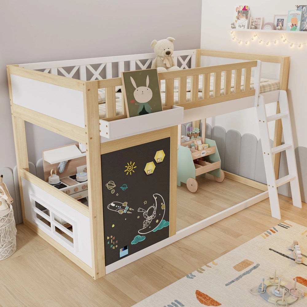 Letto a Soppalco per Bambini con Cassetti e Lavagnetta ¨C Xylo ¨C Pino e MDF, Bianco/Naturale, 90x200cm