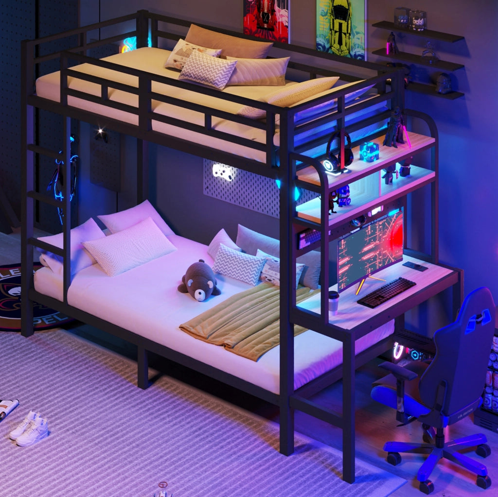 Letto a soppalco singolo 90x200 cm con scrivania; LED e USB in metallo e MDF nero