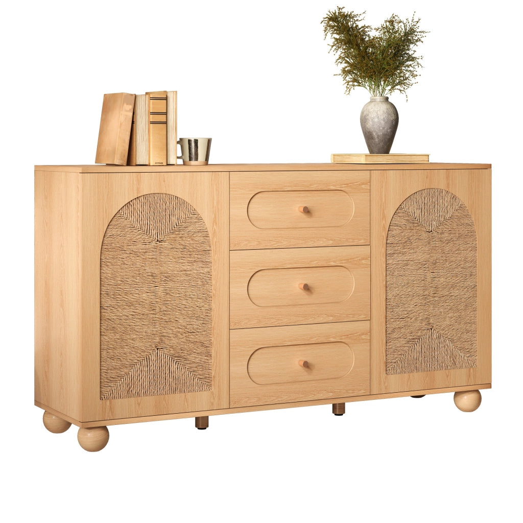 Credenza con due ante e tre cassetti 140 x 40 x 80 cm; intreccio di corda; MDF e truciolare; naturale