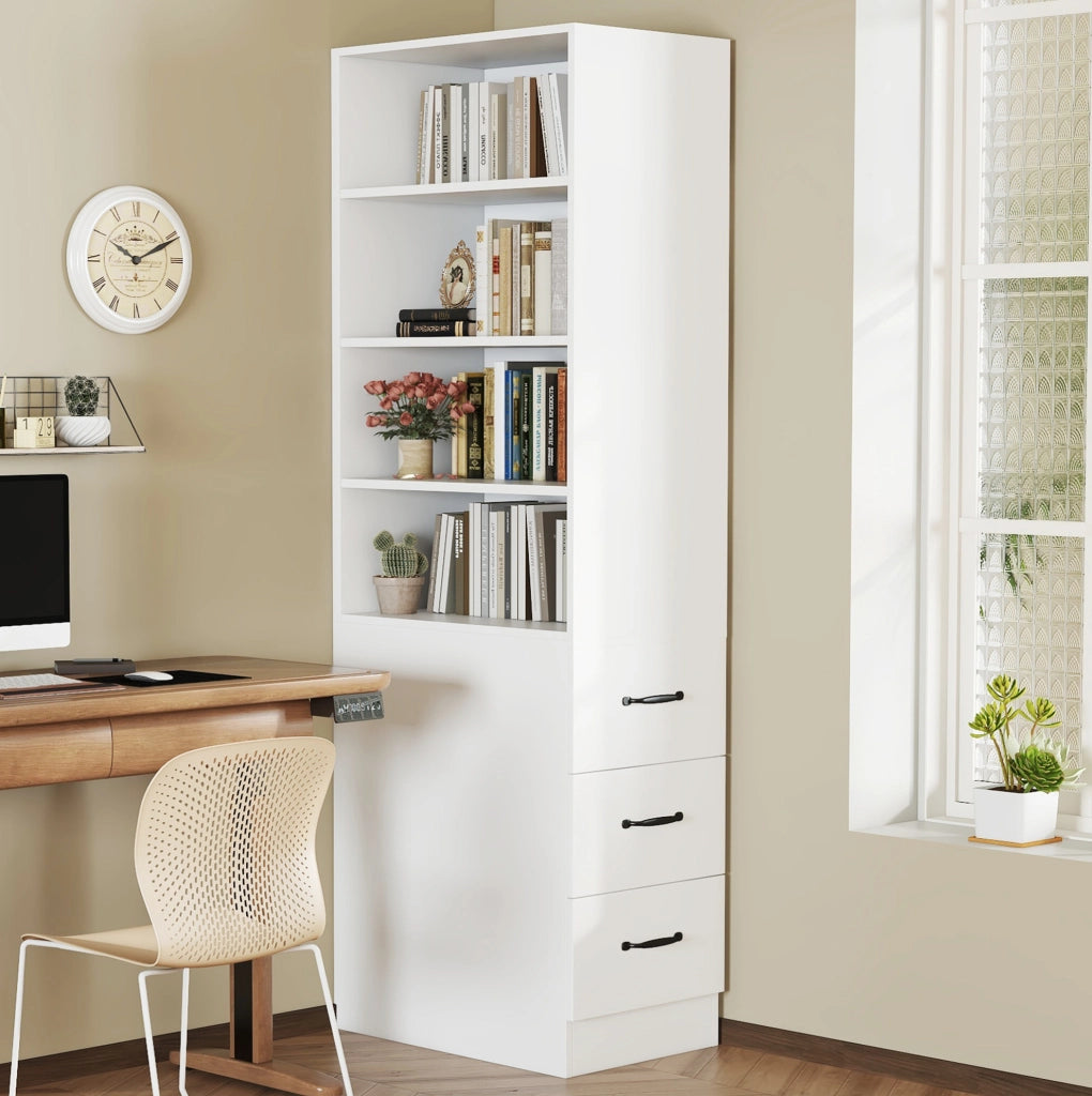 Libreria sottile 180 cm con cassetti laterali e ripiani regolabili, salvaspazio per piccoli ambienti