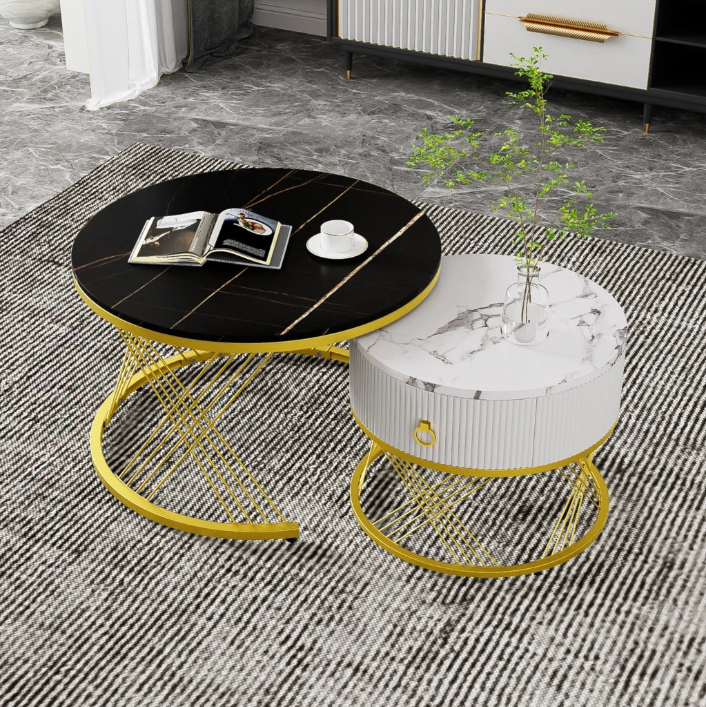 Set di 2 tavolini da caff¨¨ componibili in MDF bianco e oro con cassetto