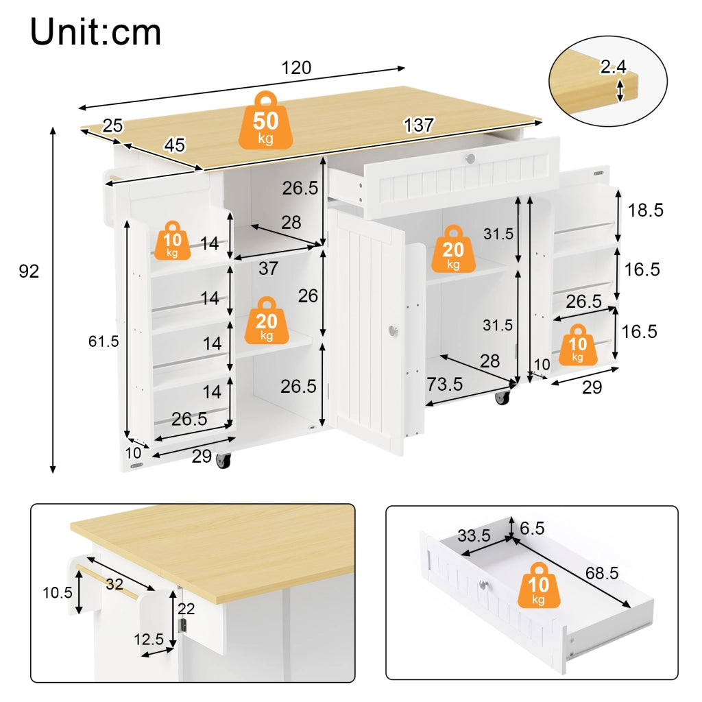 Isola Cucina Mobile con Piano Ribaltabile ¨C MINIMAL ¨C Tavolo Bar, Cassetto, Ante, 120x45x92 cm