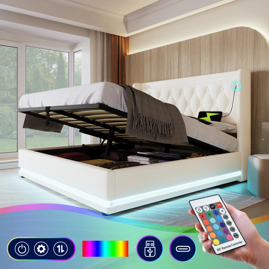 Letto matrimoniale ULEVR 180x200 cm con contenitore idraulico, LED a 3 lati, USB e Type-C, PU bianco