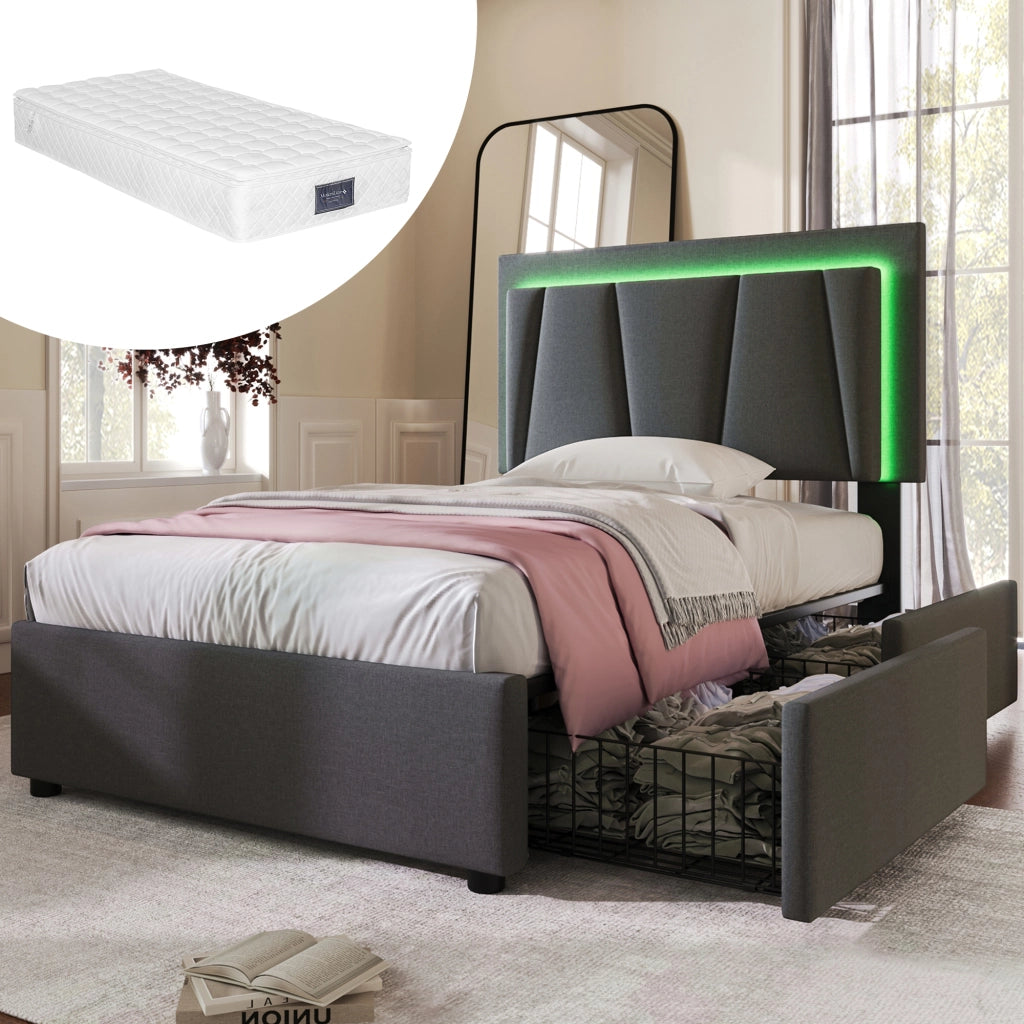 Letto singolo imbottito 90 × 200 cm con LED telecomando due cassetti testiera regolabile grigio