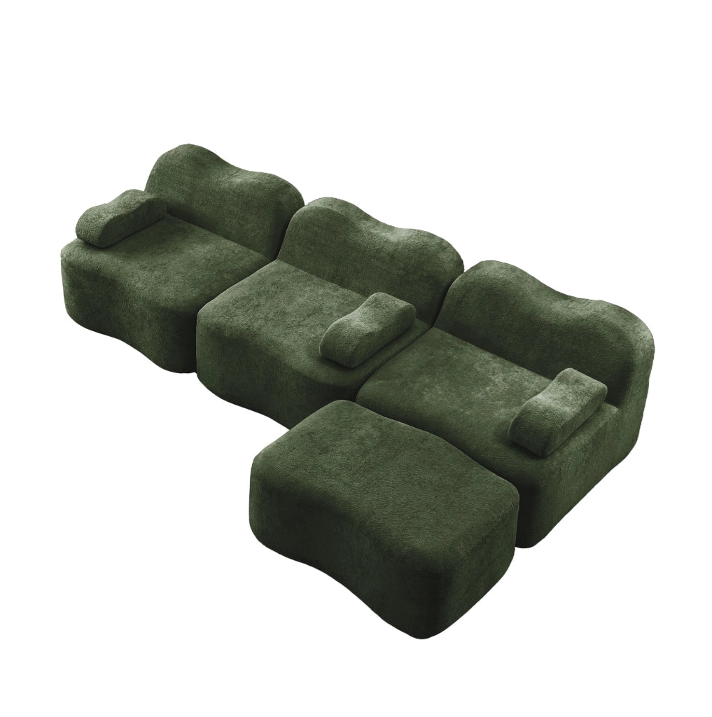 Divano modulare angolare verde in velluto, 3 posti con pouf, schiuma ad alta resilienza 32D