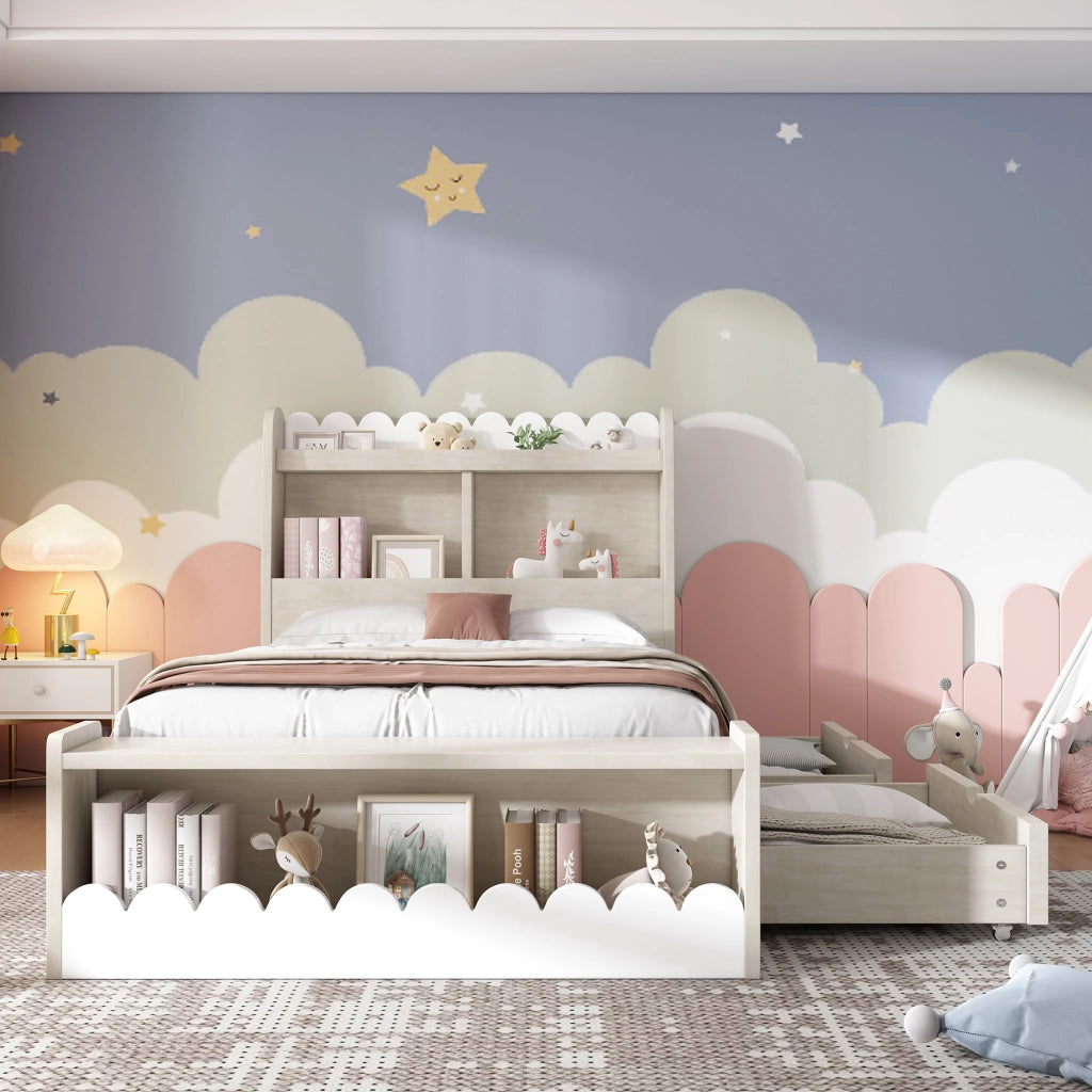 Letto con cassetti 90 × 190 cm con ripiani panca contenitore rete a doghe in legno MDF bianco rovere chiaro