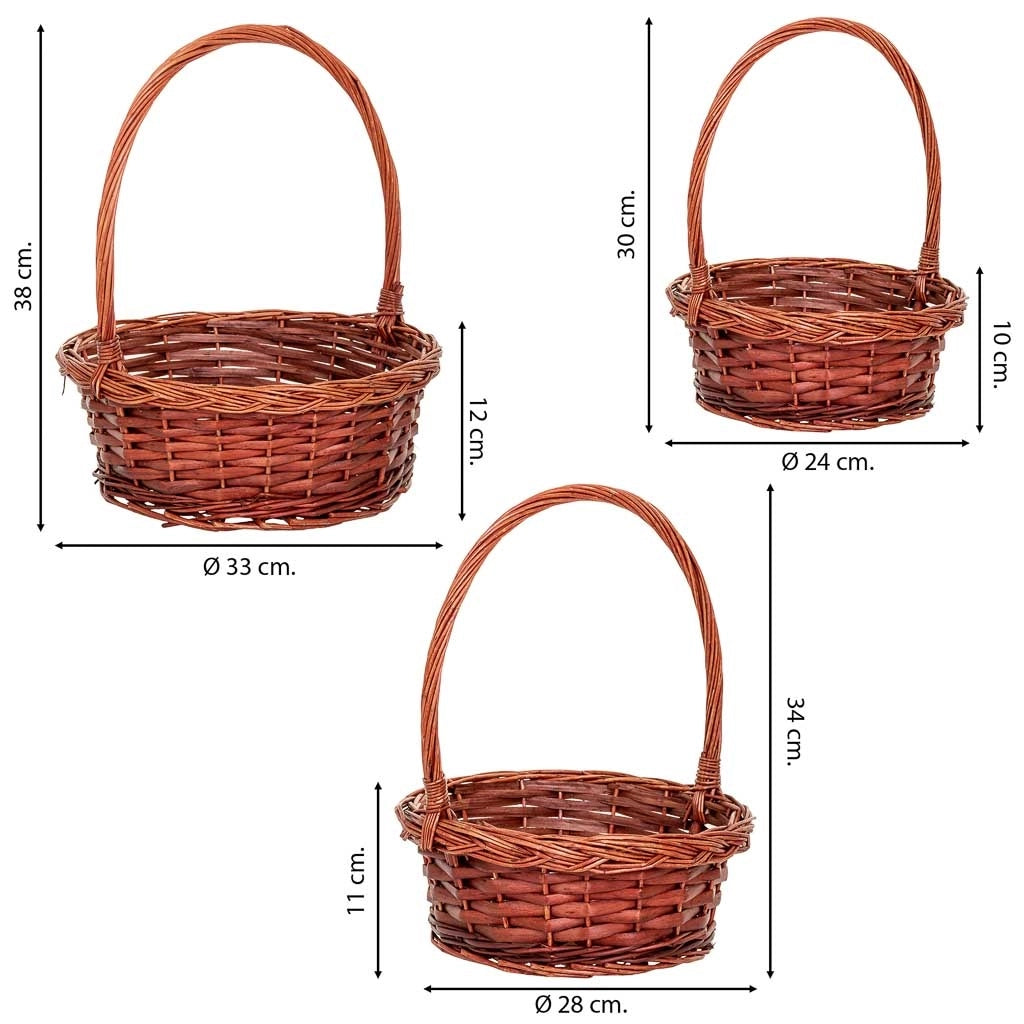 Set di 3 cestini in vimini con manici marroni