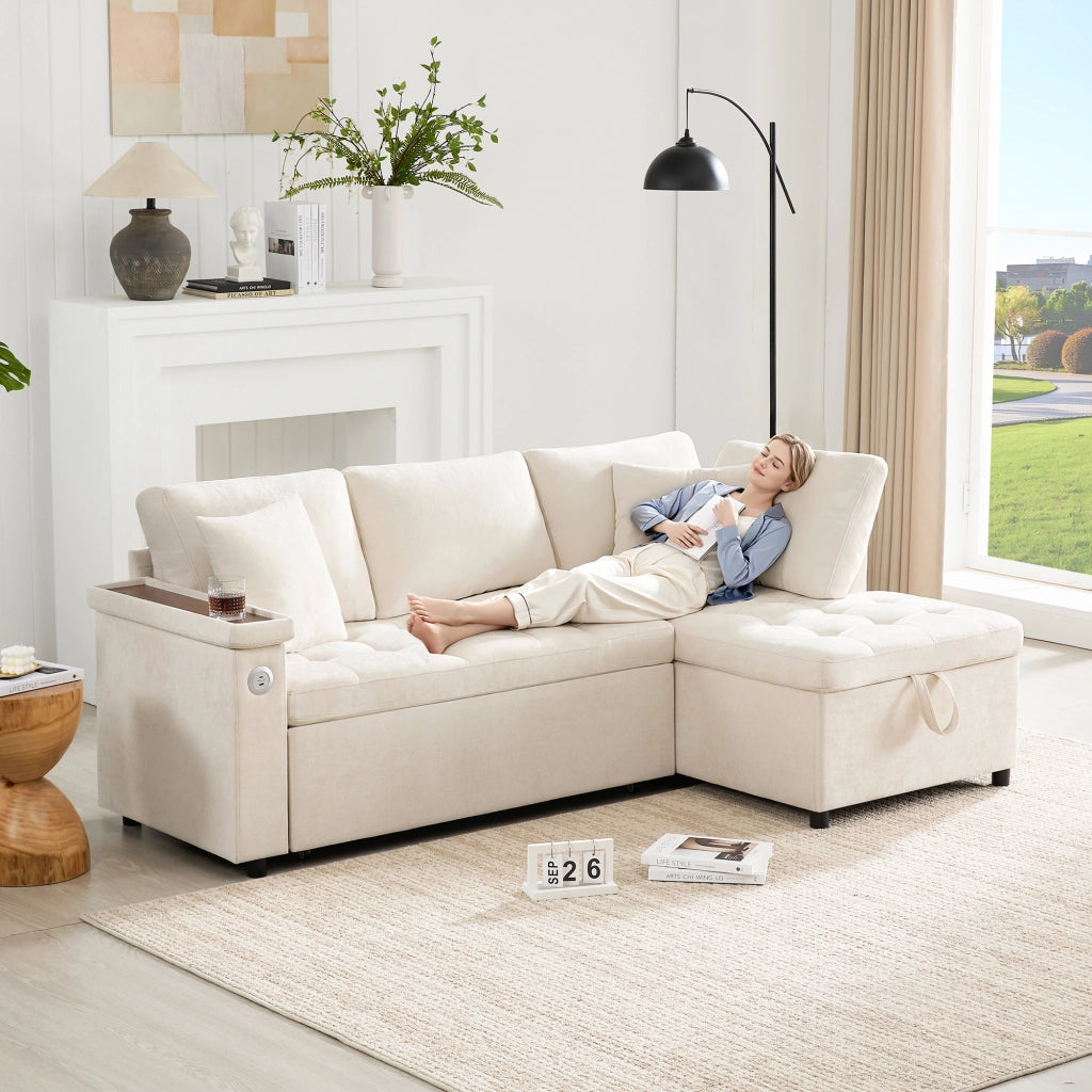 Divano angolare 3-4 posti con letto estraibile, contenitore e USB in chenille beige