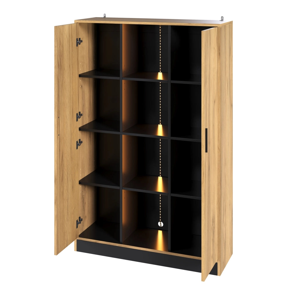 Vetrina 95x35x160 cm con LED controllabile via app; 2 ante e ripiani regolabili; rovere e nero
