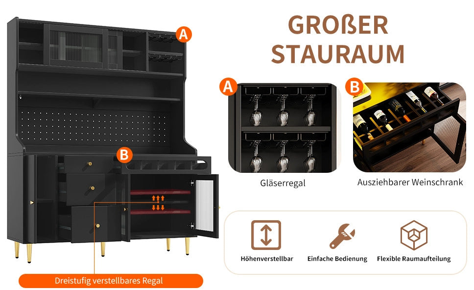 Mobiletto alto con luci LED e scaffali regolabili 145x39x171 cm nero