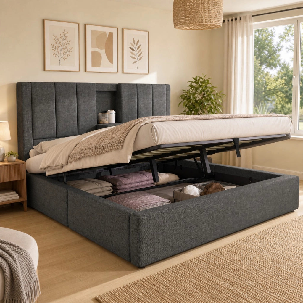 Letto matrimoniale imbottito 180 × 200 cm con contenitore idraulico lino grigio ricarica USB e portabicchieri
