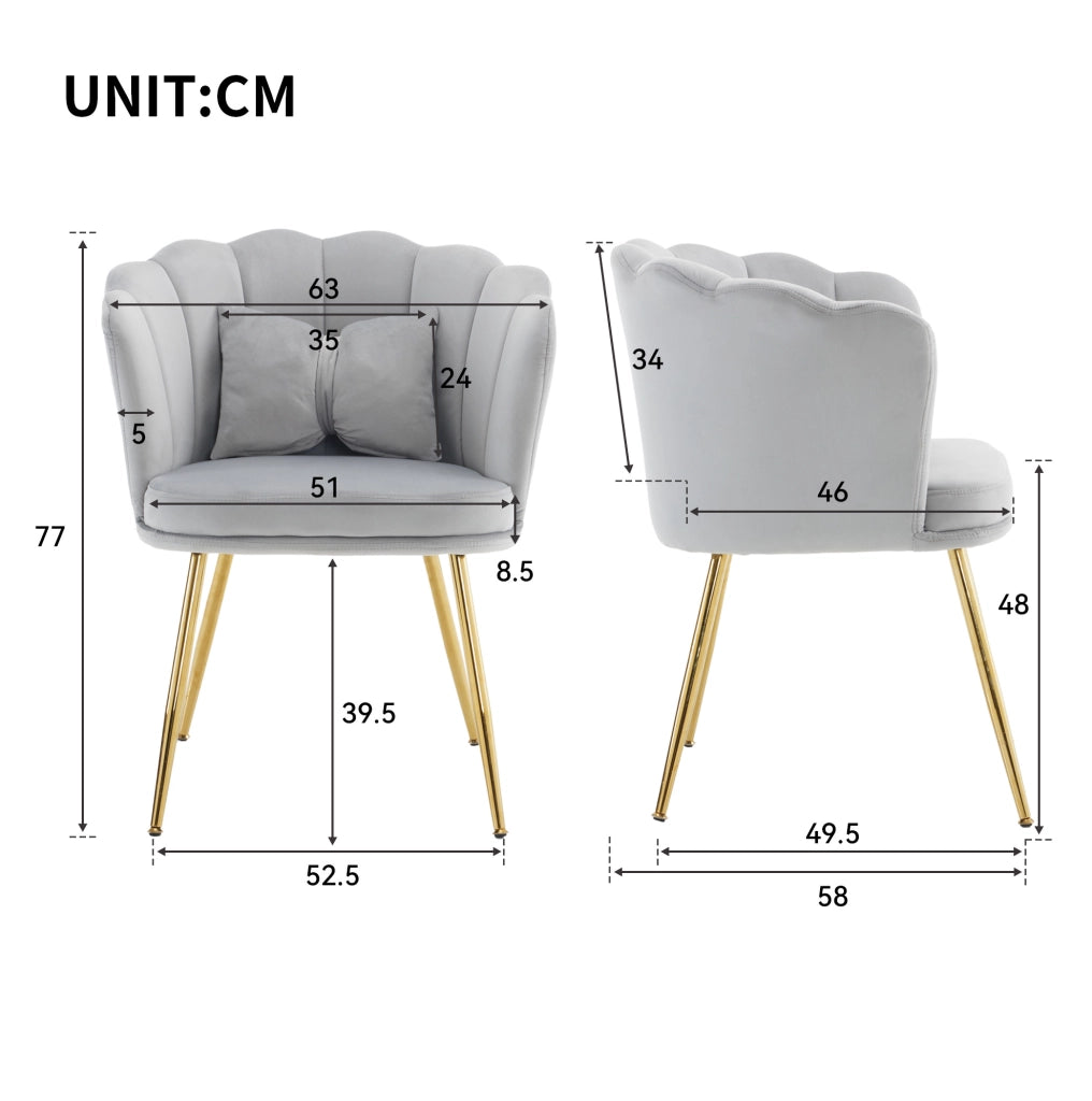 Set di 4 sedie in velluto grigio con schienale a petalo e gambe in metallo dorato; 63x58x77 cm