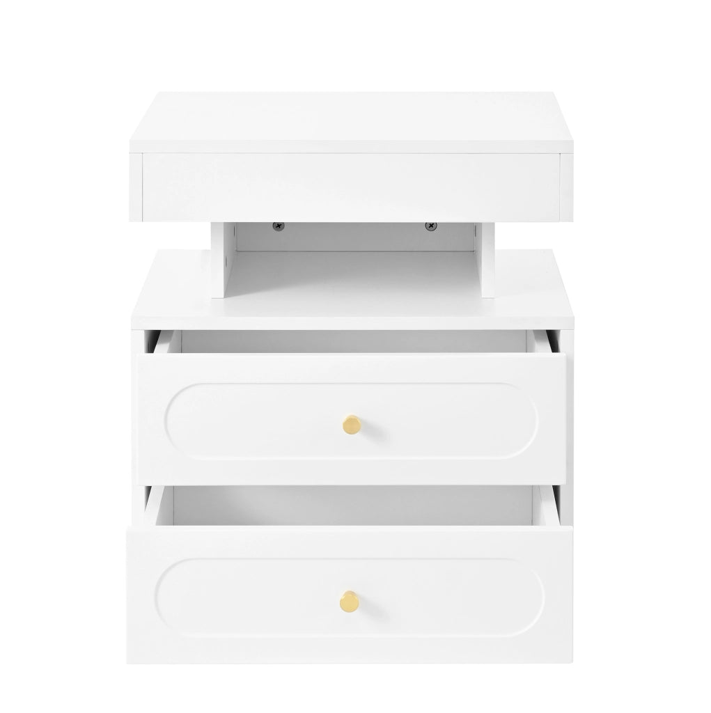 Comodino LED con 2 Cassetti e Ripiano Aperto, Bianco, 50x40x60 cm