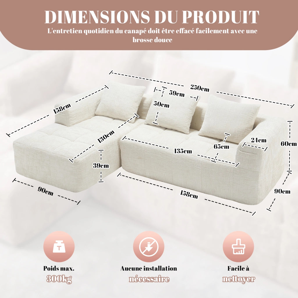 Divano 3 posti con penisola in ciniglia beige; 250 cm; senza montaggio; con tasche laterali e 3 cuscini