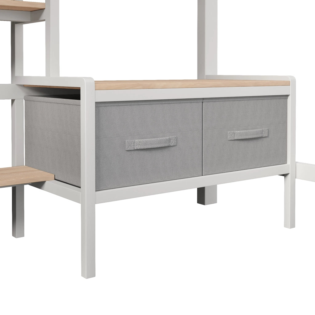 Letto a soppalco 90 × 200 cm con scrivania LED multicolore USB mensole cassetti in tessuto metallo MDF bianco