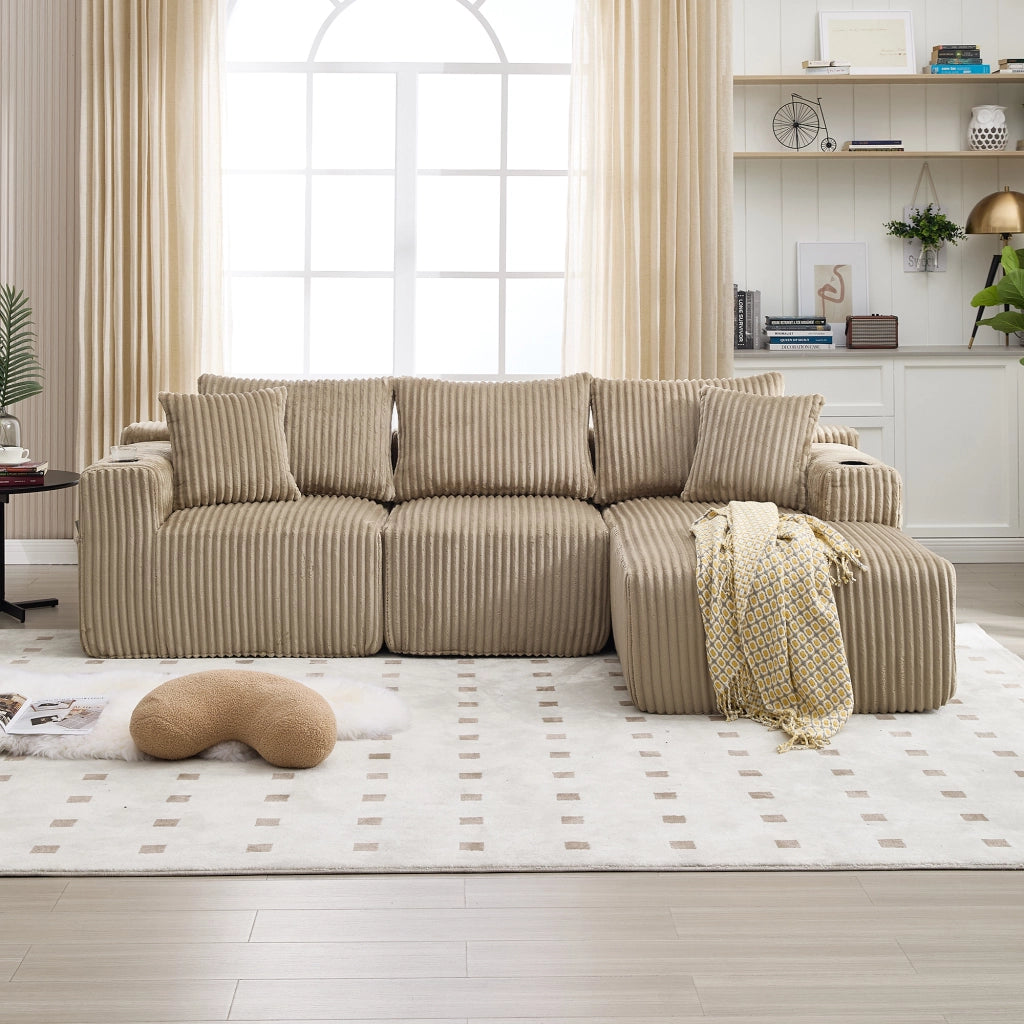 Divano modulare con chaise longue e 2 posti - con tasche laterali e portabicchieri - kaki