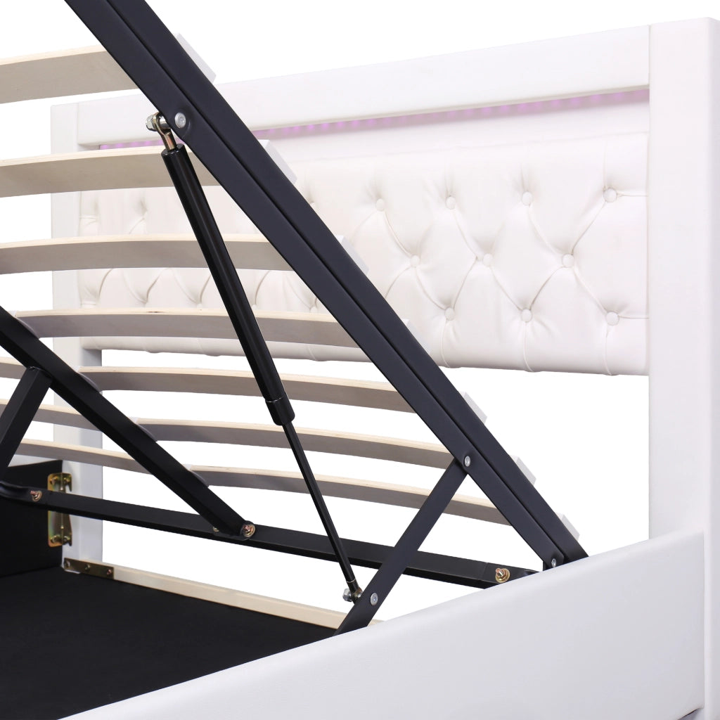 Letto matrimoniale imbottito 160 × 200 cm con contenitore LED in PU bianco rete a doghe e testiera alta