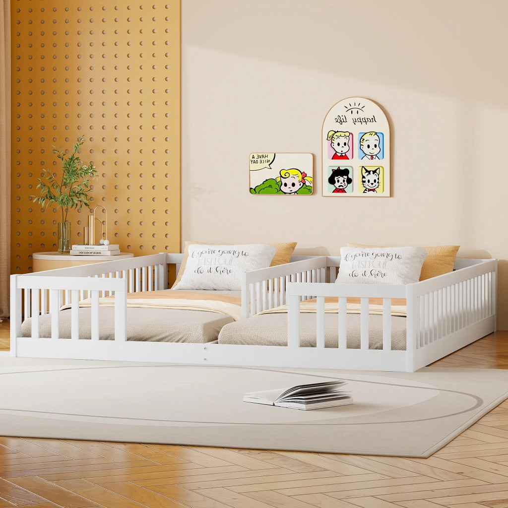 Letto per bambini doppio 90 × 200 cm con sponde di sicurezza in pino e MDF bianco senza rete né materassi