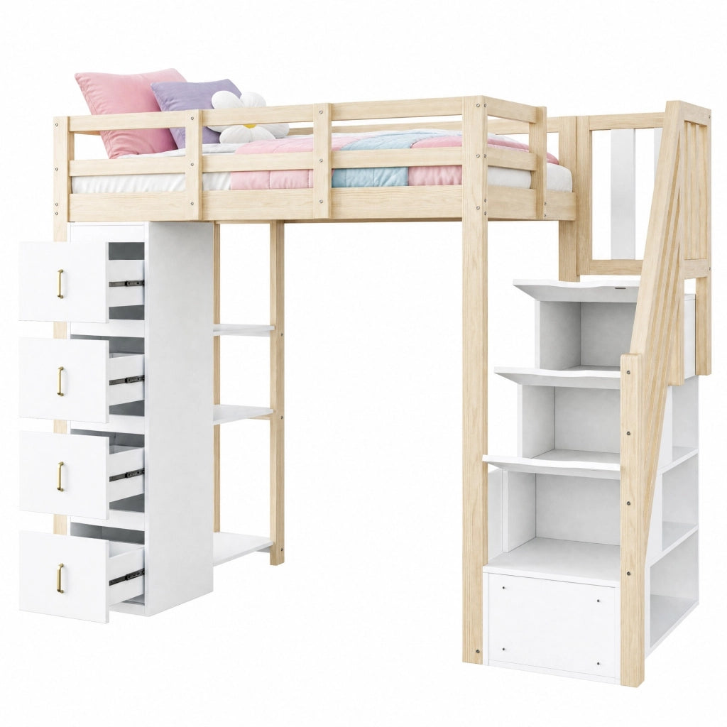 Letto a soppalco 90x200 cm con 4 cassetti e libreria; legno naturale HOMVRA