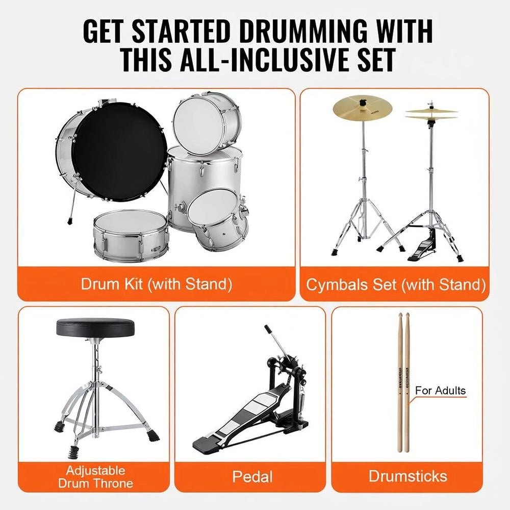 Kit Batteria Bambini Principianti 5 Pezzi Basso Tom Rullante Trono Piatto Pedale Hi-Hat Bacchette 558.8 mm Argento