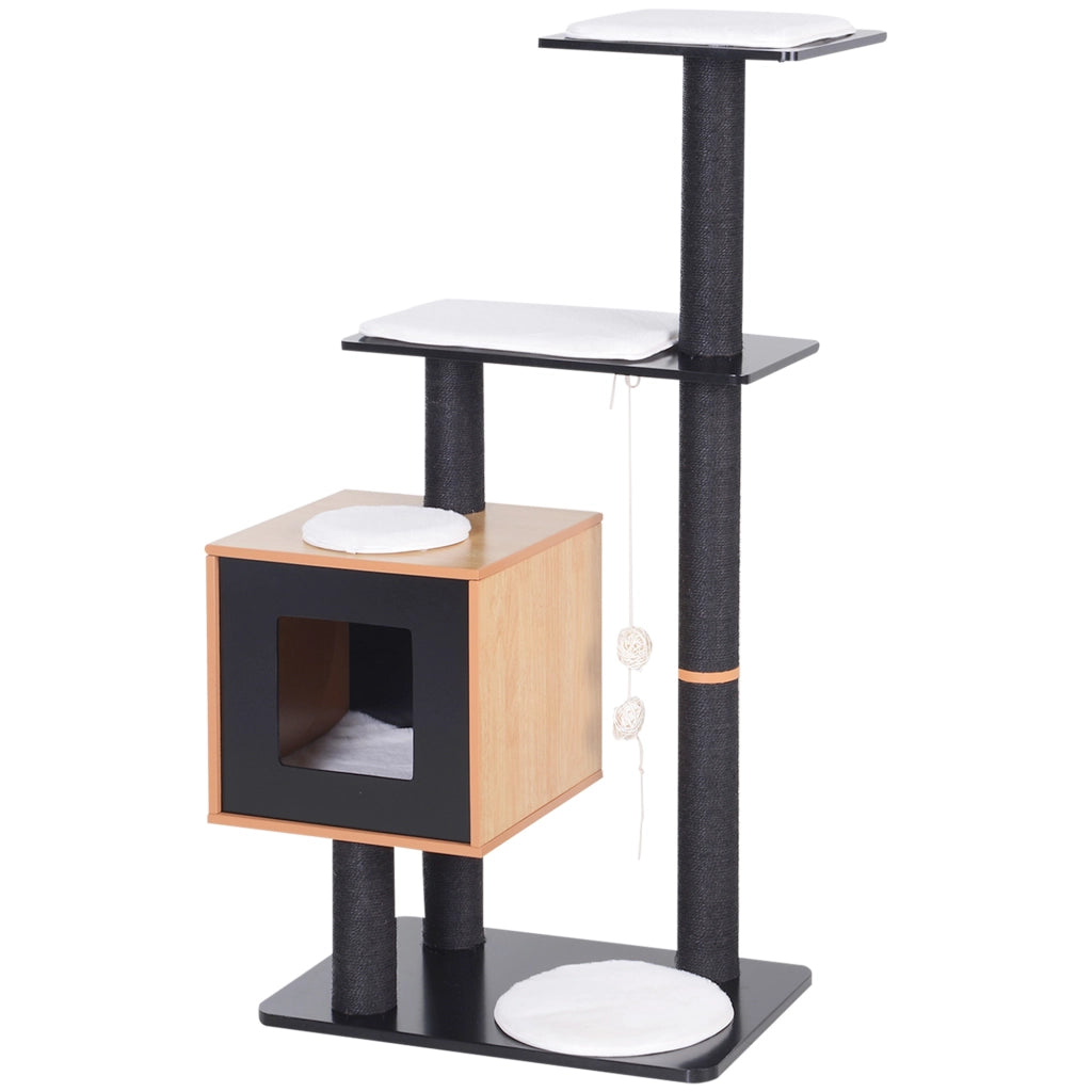 Albero tiragraffi per gatti centro attività in MDF e sisal con cuccia e piattaforme design moderno 71,5x49,5x120 cm nero e faggio