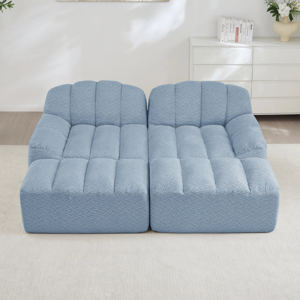 Divano modulare senza struttura rigida in pile granulato blu con moduli antiscivolo configurabile a U L o 2 posti