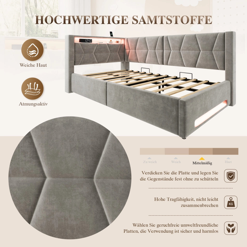 Letto singolo con contenitore 90 × 200 cm imbottito in velluto con LED USB Type-C e rete a doghe inclusa
