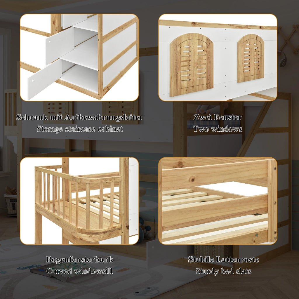Letto a soppalco per bambini 90×200 cm con scala contenitore e area gioco, senza materasso, in legno bianco e naturale