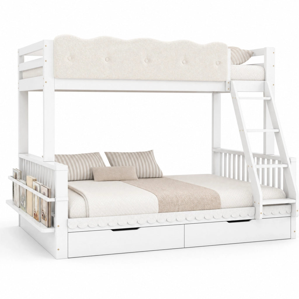 Letto a castello 90×200 cm e 140×200 cm con 2 cassetti e portariviste; senza materasso; legno; bianco