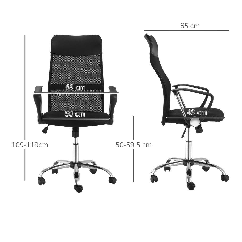 Sedia Ergonomica da Ufficio Girevole e Dondolo con Ruote, Altezza Regolabile e Schienale a Rete, 63x65x109-119 cm, Nero