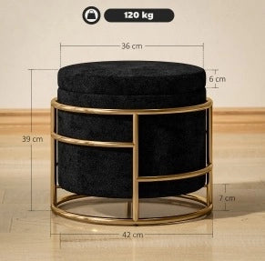 Pouf contenitore imbottito in velluto nero con struttura in metallo dorato, Ø42x39 cm